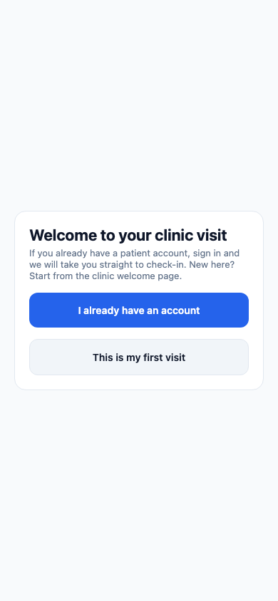 ClinicOps patient plate entry screen for check-in and first visit