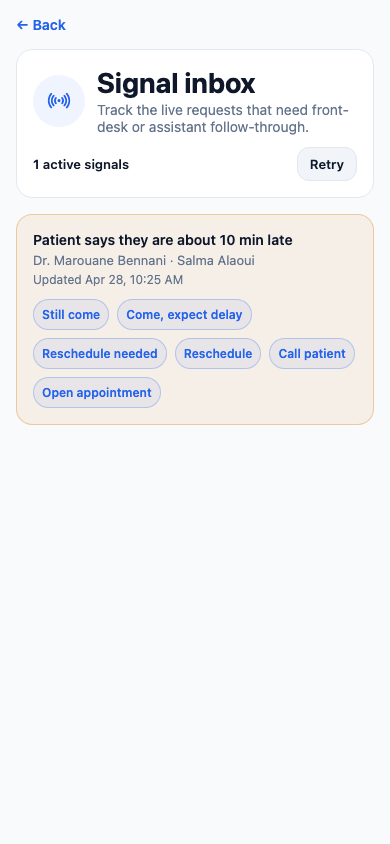 ClinicOps staff signal inbox from the seeded demo app