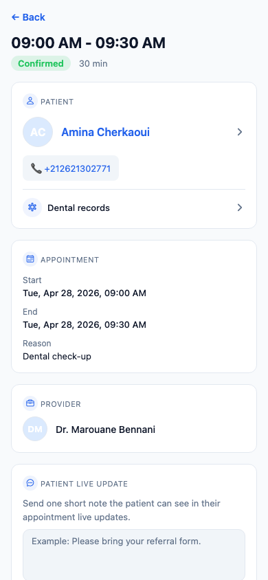 ClinicOps staff appointment detail from the seeded demo app