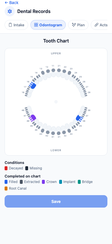 ClinicOps staff odontogram screen from the seeded demo app
