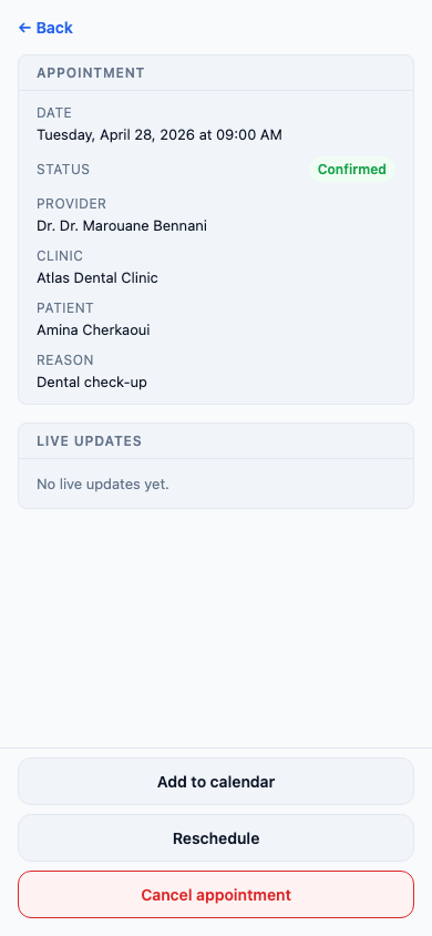 ClinicOps patient appointment detail with live updates and visit context