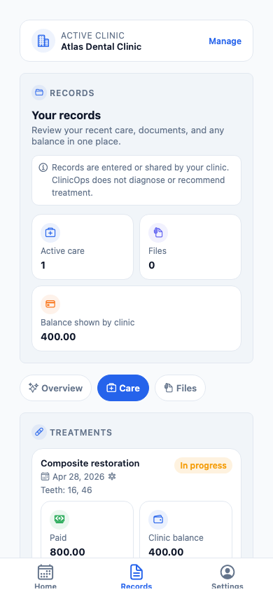 ClinicOps patient records screen from the seeded demo app
